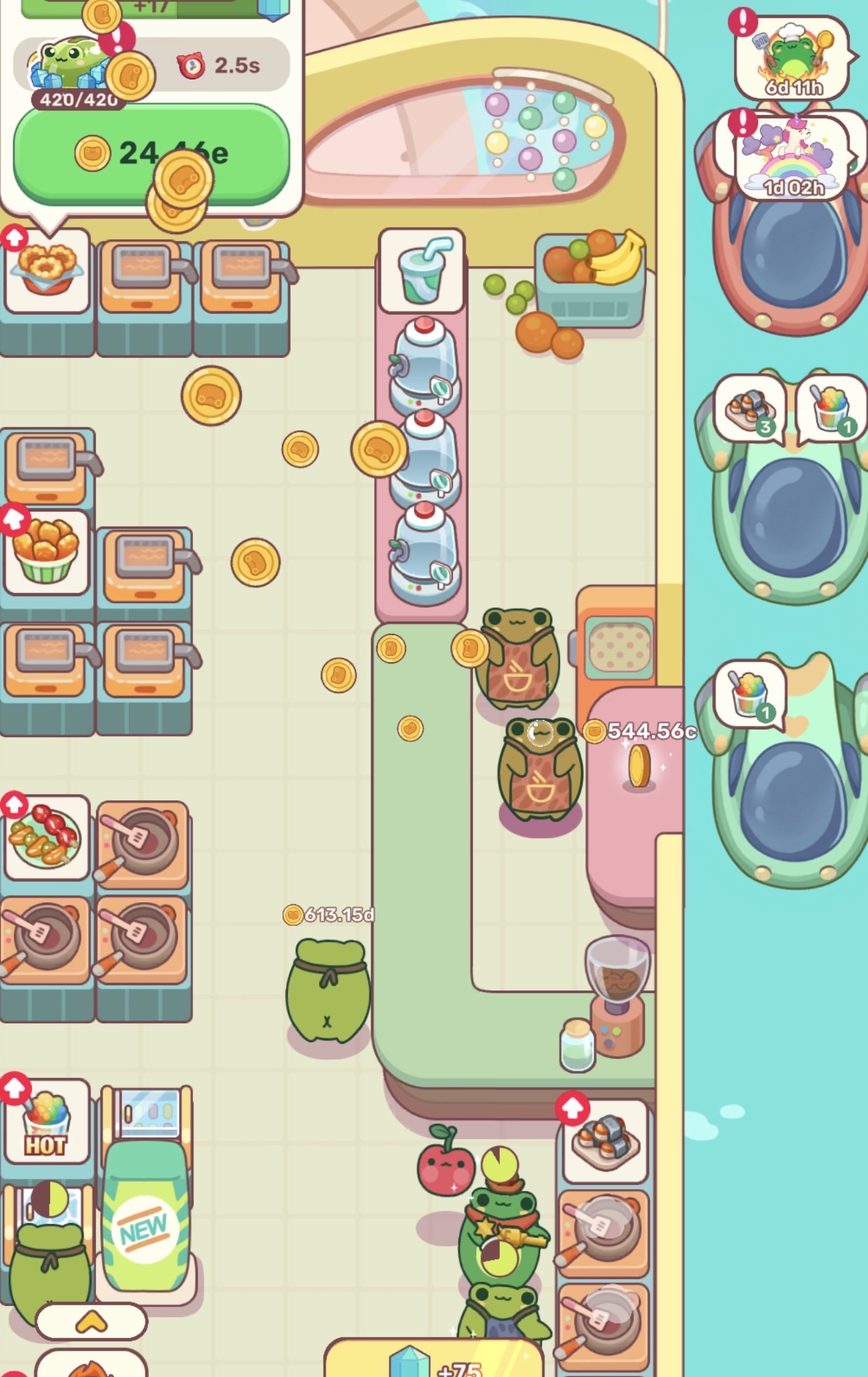 Frog Kitchen collectors: frogs and kitchen stations gathering food and coins on the starting floor