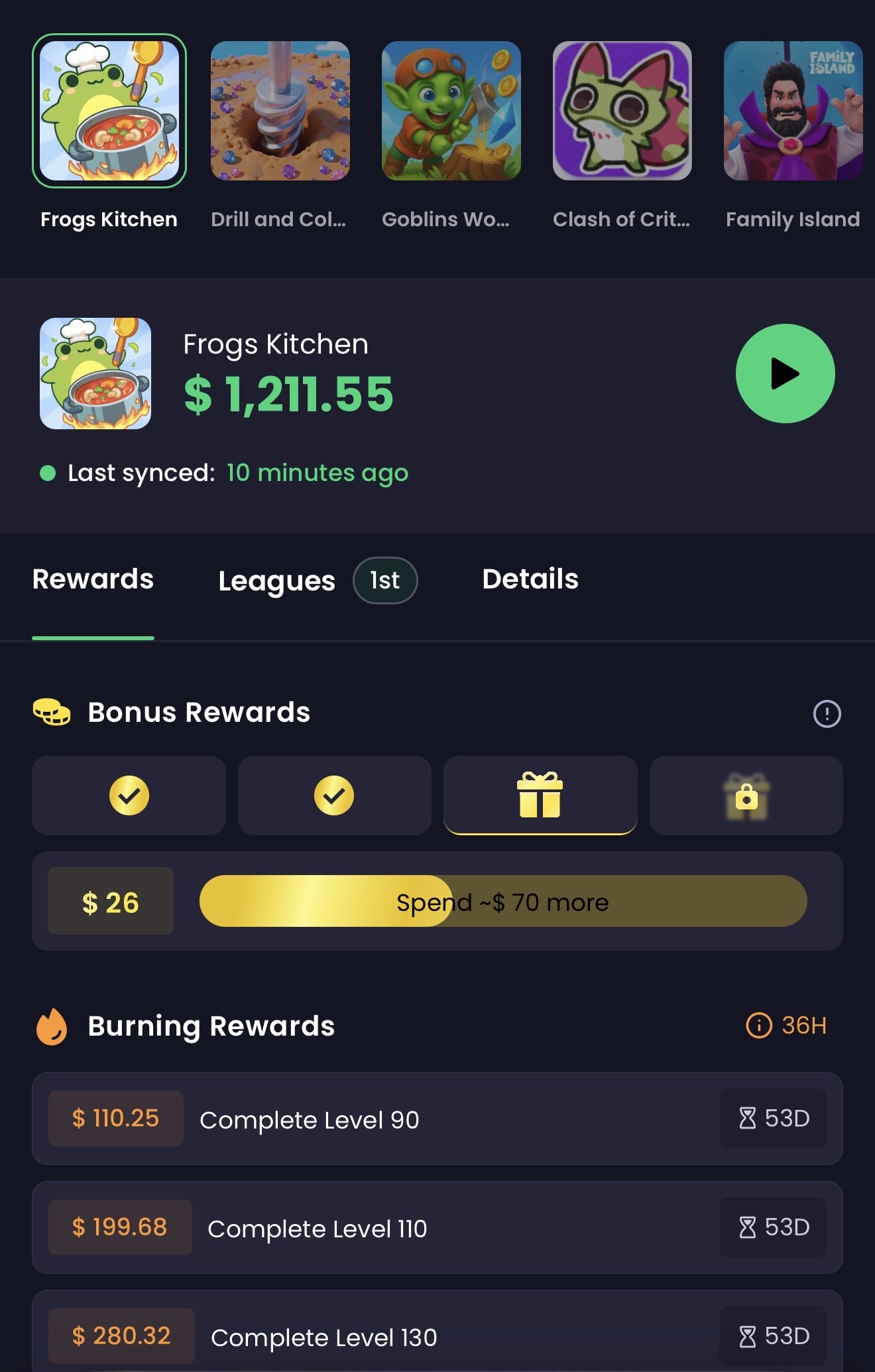 Frogs Kitchen FreeCash offer showing $1,211.55