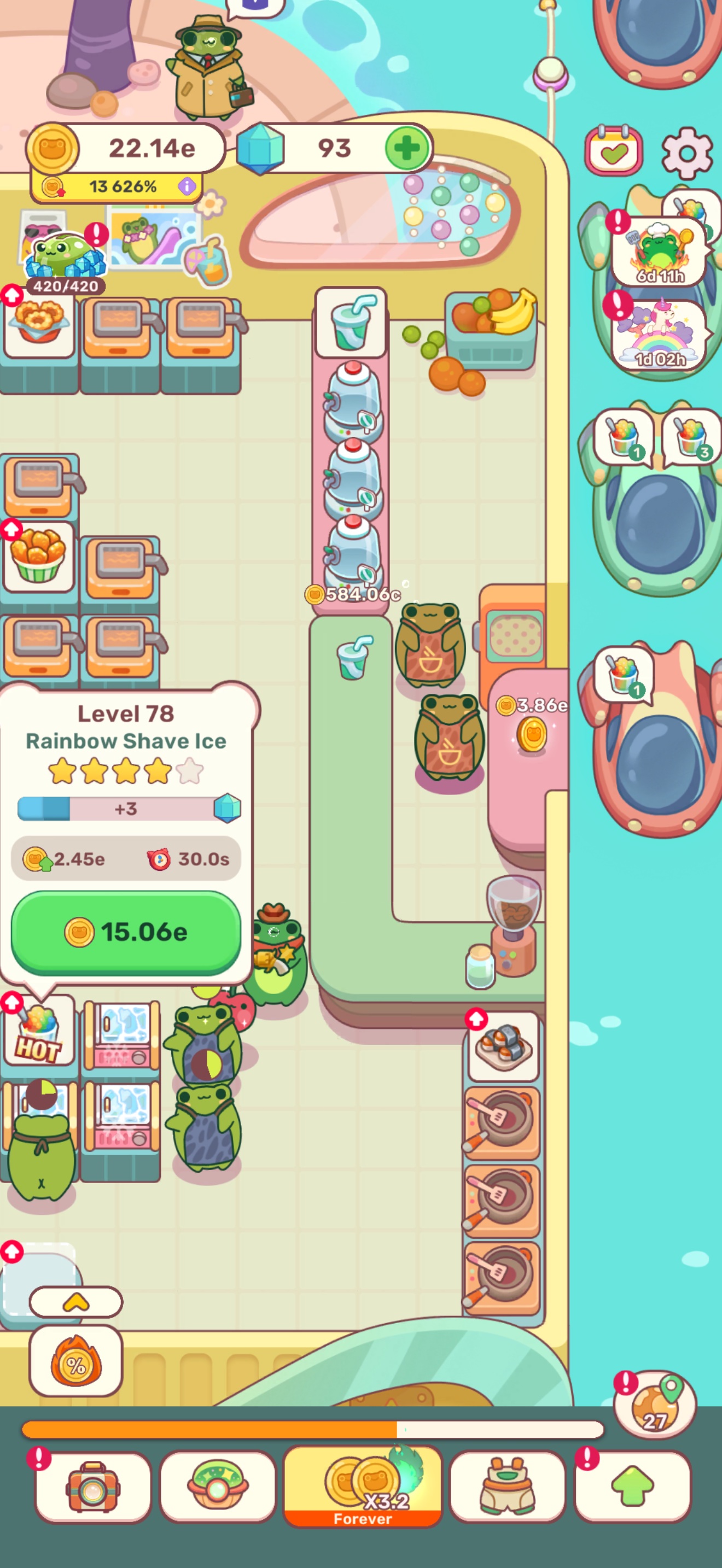 Frog Kitchen makers: waiter frogs on the café floor delivering food, with a Rainbow Shave Ice station upgrade