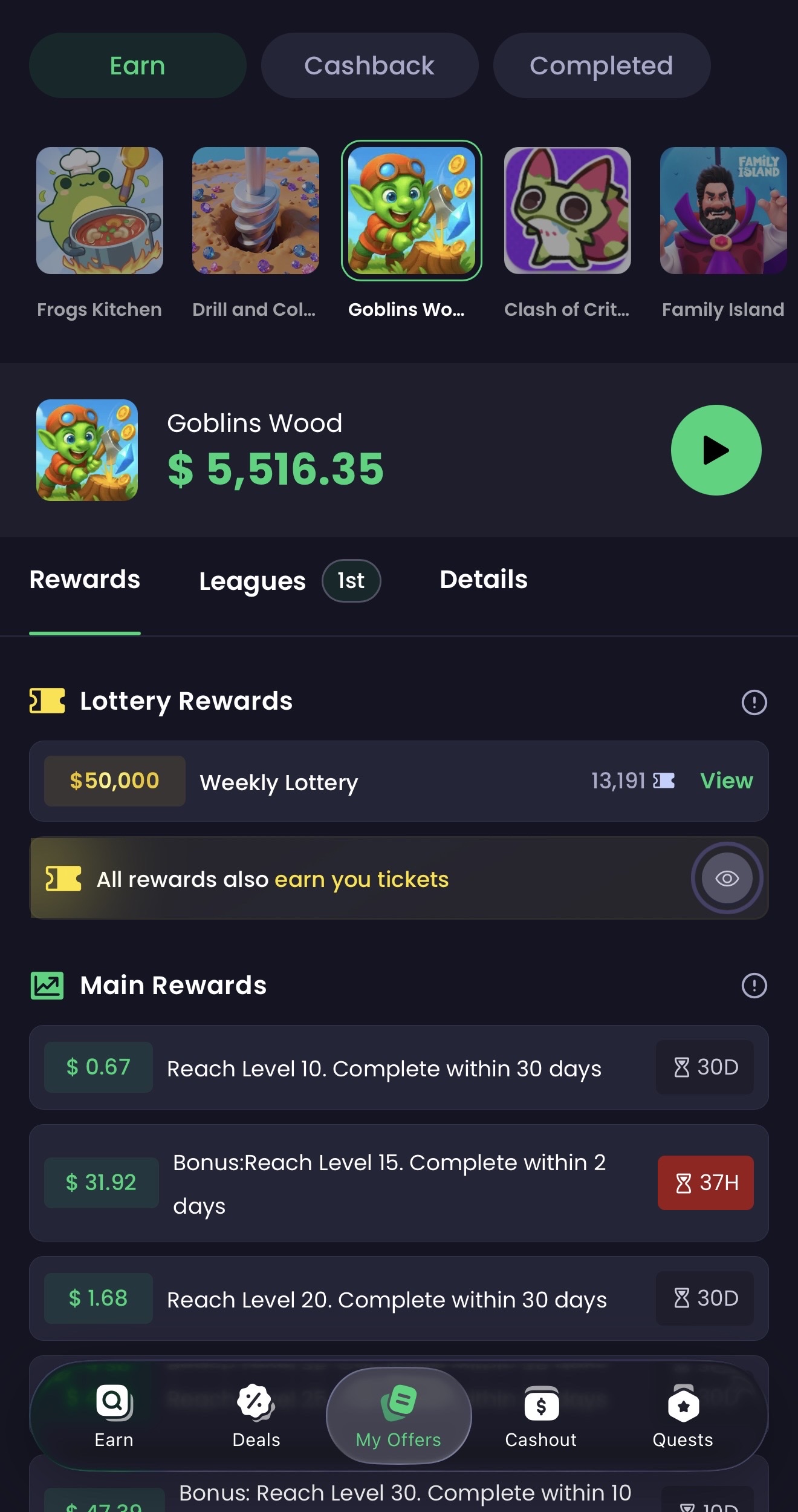 Goblins Wood FreeCash offer showing $5,516.35